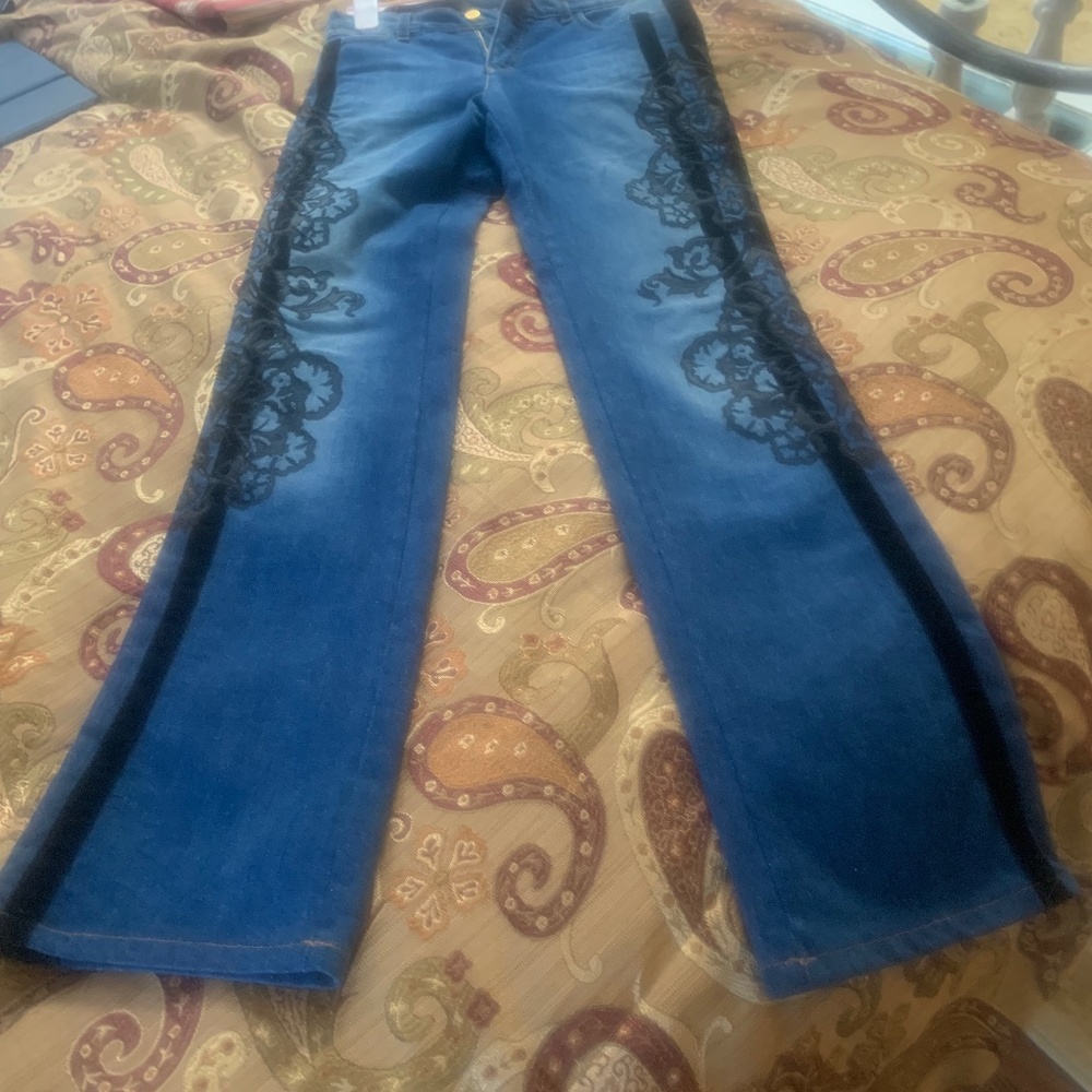 Roberto Cavalli boot cut jeans with velvet appliqué embroidery